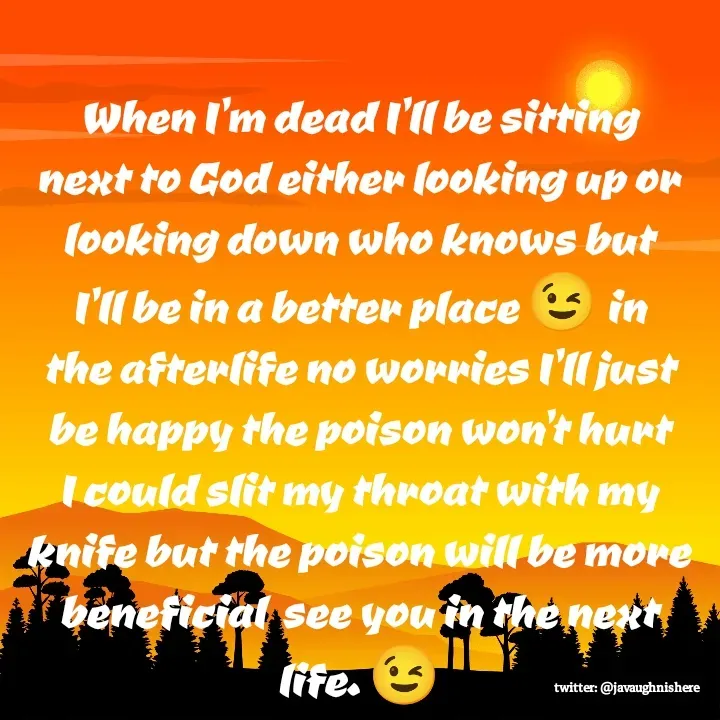 Quote by javaughn reid - When I'm dead I'll be sitting next to God either looking up or looking down who knows but I'll be in a better place 😉 in the afterlife no worries I'll just be happy the poison won't hurt I could slit my throat with my knife but the poison will be more beneficial  see you in the next life. 😉 - Made using Quotes Creator App, Post Maker App