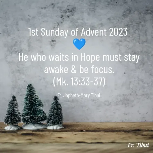 Quote by Fr. Japheth Tibui - 1st Sunday of Advent 2023 
💙
He who waits in Hope must stay awake & be focus.
(Mk. 13:33-37)

Fr. Japheth-Mary Tibui  - Made using Quotes Creator App, Post Maker App