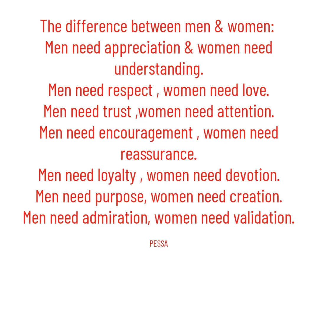 Quote by Joseph Pessa - The difference between men & women: 
Men need appreciation & women need understanding.
Men need respect , women need love.
Men need trust ,women need attention.
Men need encouragement , women need reassurance.
Men need loyalty , women need devotion.
Men need purpose, women need creation.
Men need admiration, women need validation.

PESSA - Made using Quotes Creator App, Post Maker App