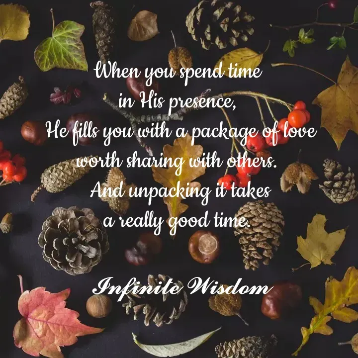 Quote by Infinite Wisdom - When you spend time 
in His presence, 
He fills you with a package of love
worth sharing with others. 
And unpacking it takes
a really good time. 

𝓘𝓷𝓯𝓲𝓷𝓲𝓽𝓮 𝓦𝓲𝓼𝓭𝓸𝓶 - Made using Quotes Creator App, Post Maker App