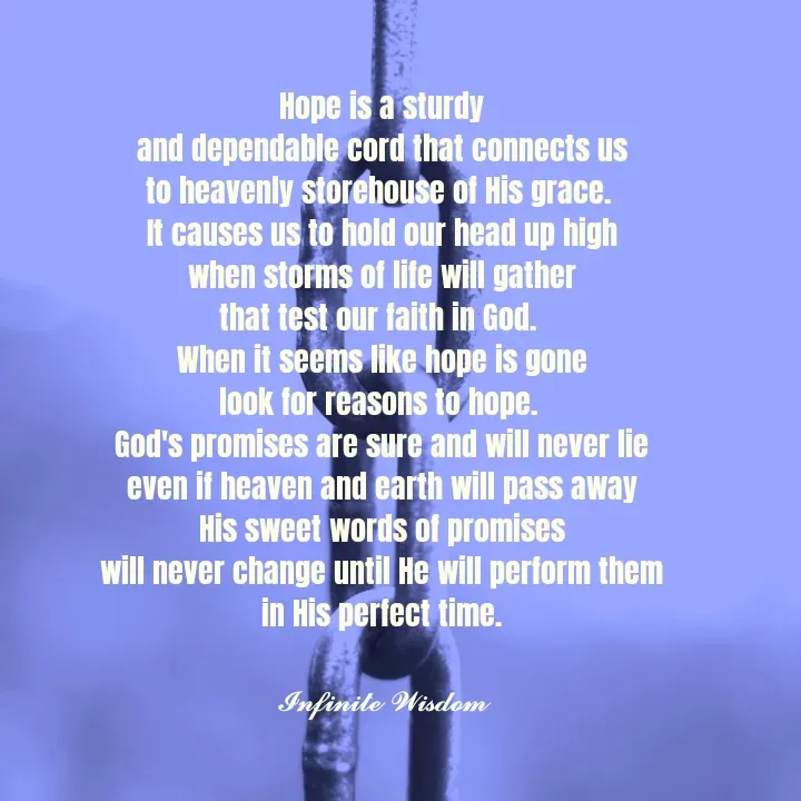 Quote by Infinite Wisdom - Hope is a sturdy
 and dependable cord that connects us 
to heavenly storehouse of His grace. 
It causes us to hold our head up high
when storms of life will gather
that test our faith in God. 
When it seems like hope is gone
look for reasons to hope. 
God's promises are sure and will never lie
even if heaven and earth will pass away
His sweet words of promises
will never change until He will perform them
 in His perfect time. 

𝓘𝓷𝓯𝓲𝓷𝓲𝓽𝓮 𝓦𝓲𝓼𝓭𝓸𝓶 - Made using Quotes Creator App, Post Maker App