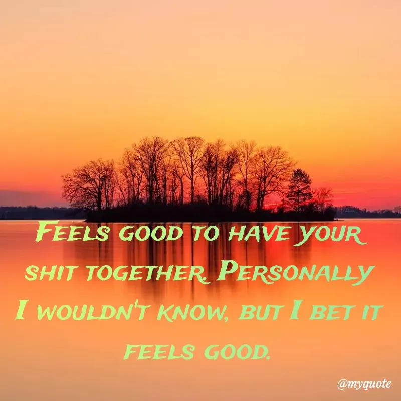 Quote by W Harrison - Feels good to have your shit together. Personally I wouldn't know, but I bet it feels good.

 - Made using Quotes Creator App, Post Maker App