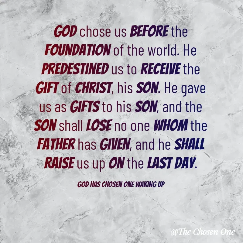 Quote by W Harrison - God chose us before the foundation of the world. He predestined us to receive the gift of Christ, his Son. He gave us as gifts to his Son, and the Son shall lose no one whom the Father has given, and he shall raise us up on the last day.

God Has Chosen One Waking UP - Made using Quotes Creator App, Post Maker App