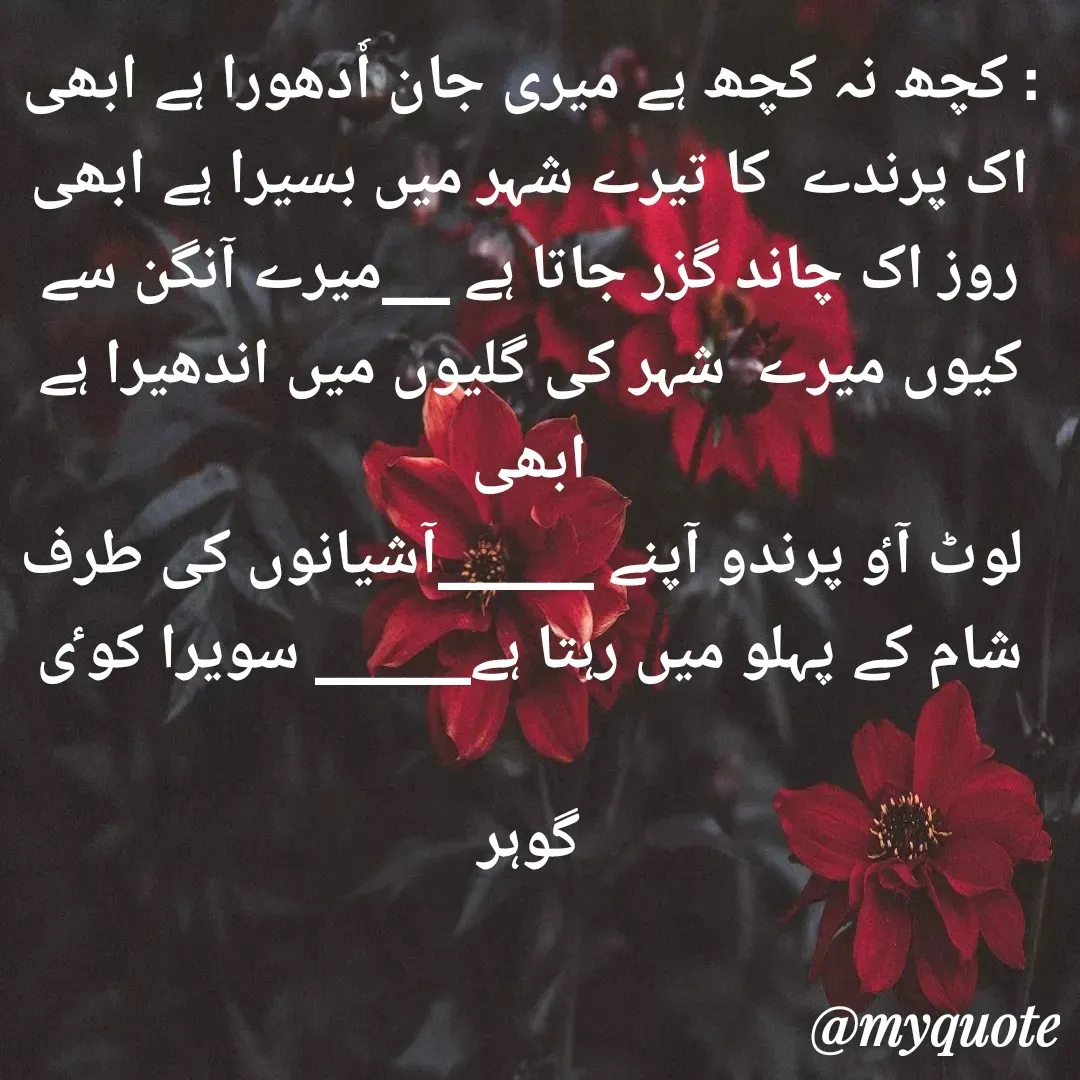 Quote by Altaf Gohar - : کچھ نہ کچھ ہے میری جان اٗدھورا ہے ابھی
اک پرندے  کا تیرے شہر میں بسیرا ہے ابھی
روز اک چاند گزر جاتا ہے ___میرے آنگن سے
کیوں میرے  شہر کی گلیوں میں اندھیرا ہے ابھی
 لوٹ آٶ پرندو آپنے _______آشیانوں کی طرف
شام کے پہلو میں رہتا ہے_______ سویرا کوٸ

گوہر - Made using Quotes Creator App, Post Maker App