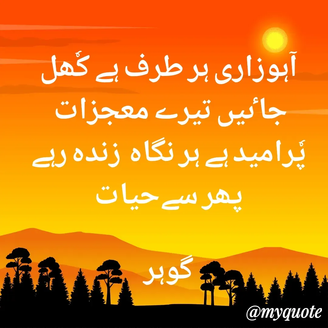 Quote by Altaf Gohar - آہوزاری ہر طرف ہے کٗھل جاٸیں تیرے معجزات 
پٗرامید ہے ہر نگاہ  زندہ رہے پھر سےحیات

گوہر - Made using Quotes Creator App, Post Maker App