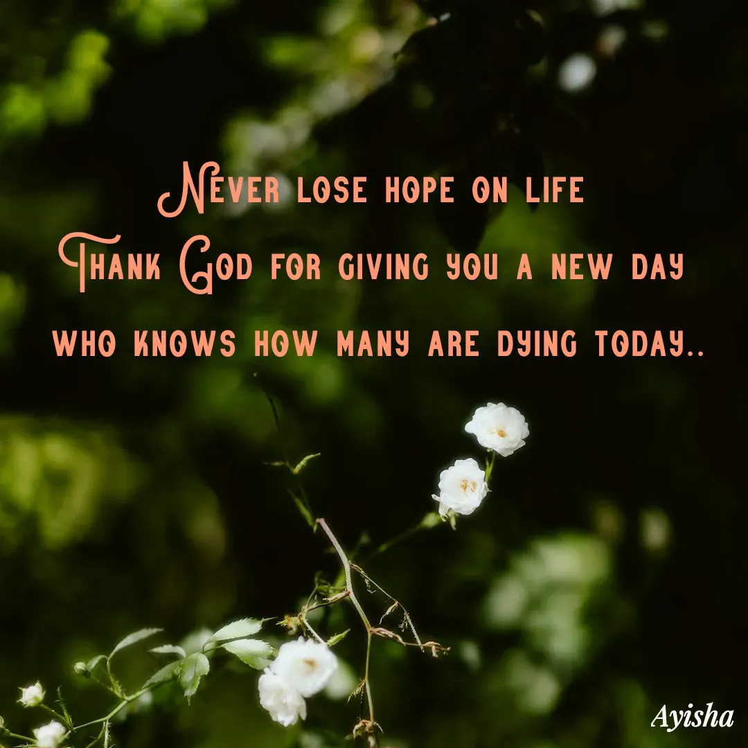 Quote by New life * - Never lose hope on life 
Thank God for giving you a new day 
who knows how many are dying today.. - Made using Quotes Creator App, Post Maker App