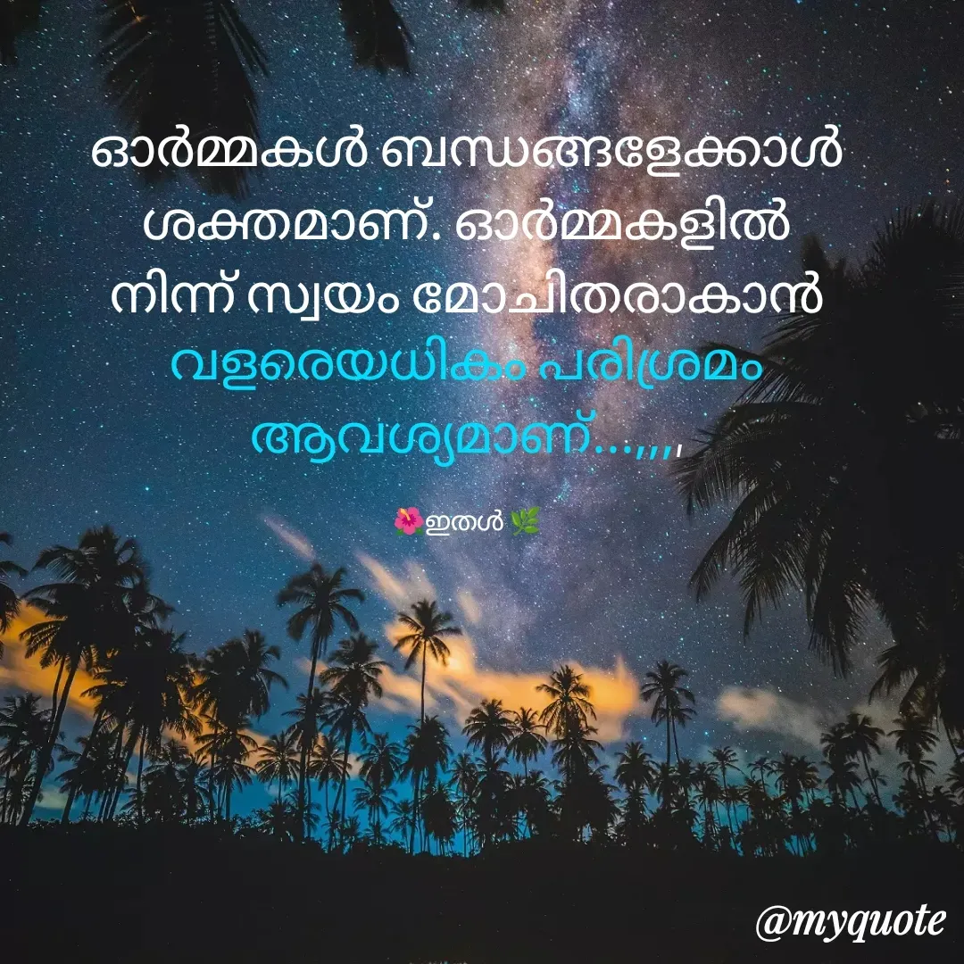 Quote by 🌺 ഇതൾ 🌺 - 


ഓർമ്മകൾ ബന്ധങ്ങളേക്കാൾ ശക്തമാണ്. ഓർമ്മകളിൽ നിന്ന് സ്വയം മോചിതരാകാൻ വളരെയധികം പരിശ്രമം ആവശ്യമാണ്...,,,,

🌺ഇതൾ 🌿 - Made using Quotes Creator App, Post Maker App