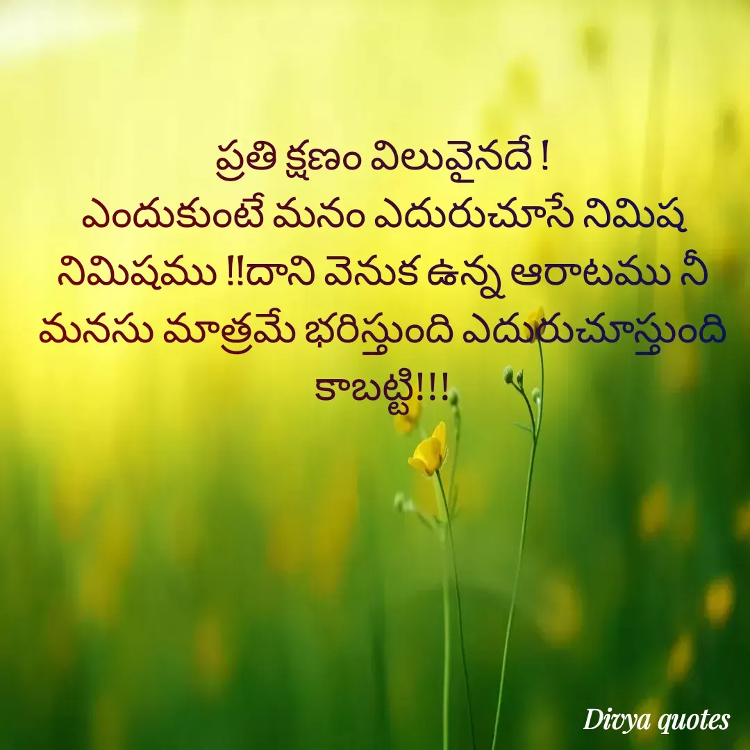 Quote by V Divya - ప్రతి క్షణం విలువైనదే !
ఎందుకుంటే మనం ఎదురుచూసే నిమిష నిమిషము !!దాని వెనుక ఉన్న ఆరాటము నీ మనసు మాత్రమే భరిస్తుంది ఎదురుచూస్తుంది కాబట్టి!!! - Made using Quotes Creator App, Post Maker App