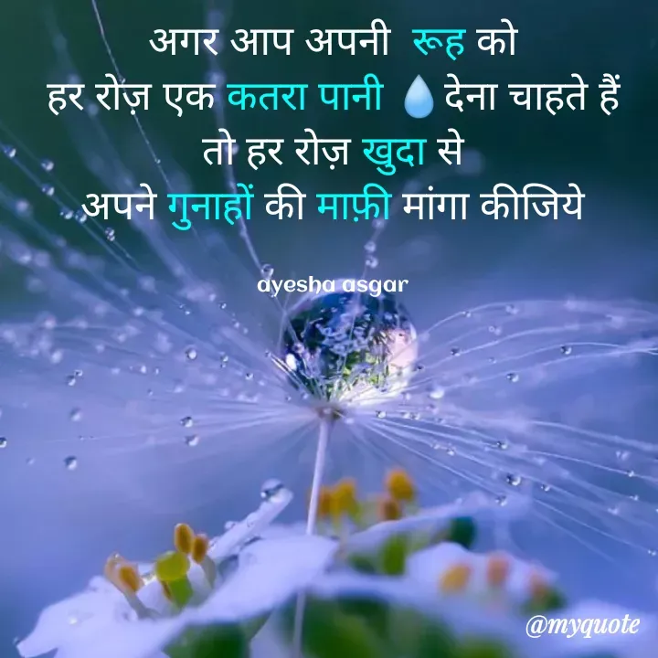 Quote by Ayesha Asgar - अगर आप अपनी  रूह को
हर रोज़ एक कतरा पानी 💧देना चाहते हैं
तो हर रोज़ खुदा से
अपने गुनाहों की माफ़ी मांगा कीजिये


ayesha asgar - Made using Quotes Creator App, Post Maker App