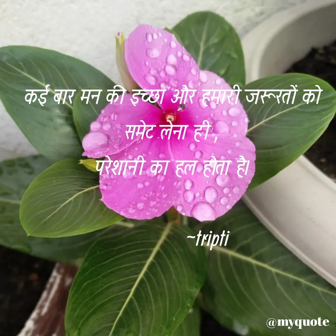 Quote by Tripti Joshi - कई बार मन की इच्छा और हमारी जरूरतों को समेट लेना ही ,
परेशानी का हल होता है।

             ~tripti  - Made using Quotes Creator App, Post Maker App