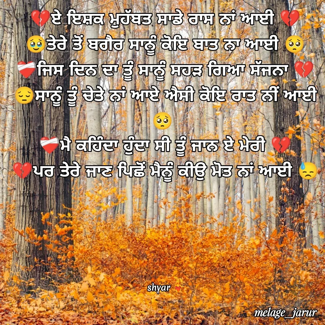 Quote by ❤️‍🔥ਤੇਰਾ_ shayar ❤️‍🔥 - 💔ਏ ਇਸ਼ਕ ਮੁਹੱਬਤ ਸਾਡੇ ਰਾਸ ਨਾਂ ਆਈ 💔
🥹ਤੇਰੇ ਤੋਂ ਬਗੈਰ ਸਾਨੂੰ ਕੋਇ ਬਾਤ ਨਾ ਆਈ 🥺
❤️‍🩹ਜਿਸ ਦਿਨ ਦਾ ਤੂੰ ਸਾਨੂੰ ਸਹੜ ਗਿਆ ਸੱਜਨਾ 💔
😔ਸਾਨੂੰ ਤੂੰ ਚੇਤੇ ਨਾਂ ਆਏ ਐਸੀ ਕੋਇ ਰਾਤ ਨੀਂ ਆਈ🥺 
❤️‍🩹ਮੈ ਕਹਿੰਦਾ ਹੁੰਦਾ ਸੀ ਤੂੰ ਜਾਨ ਏ ਮੇਰੀ 💔
💔ਪਰ ਤੇਰੇ ਜਾਣ ਪਿਛੋਂ ਮੈਨੂੰ ਕੀਉ ਮੋਤ ਨਾਂ ਆਈ 😓





shyar ❤️‍🔥 - Made using Quotes Creator App, Post Maker App