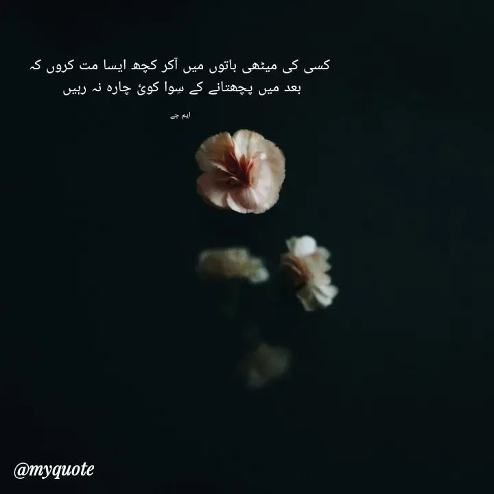 Quote by MJ -  کسی کی میٹھی باتوں میں آکر کچھ ایسا مت کروں کہ 
بعد میں پچھتانے کے سِوا کوئ چارہ نہ رہیں 

ایم جے  - Made using Quotes Creator App, Post Maker App