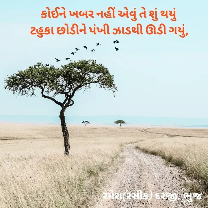 Quote by रमेश दरजी - કોઈને ખબર નહીં એવું તે શું થયું 
ટહુકા છોડીને પંખી ઝાડથી ઊડી ગયું,
 - Made using Quotes Creator App, Post Maker App