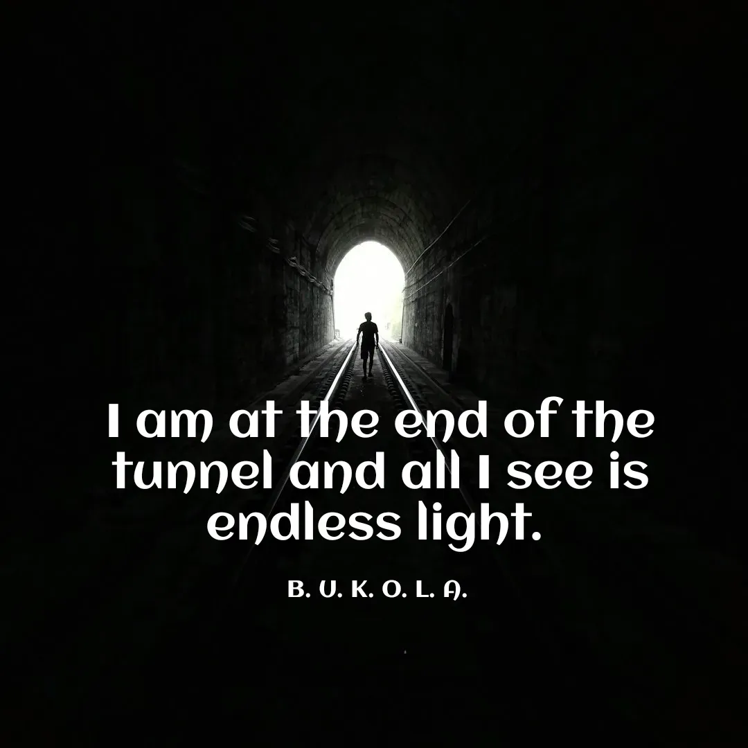 Quote by B.U.K.O.L.A. - I am at the end of the tunnel and all I see is endless light. 

B. U. K. O. L. A.  - Made using Quotes Creator App, Post Maker App