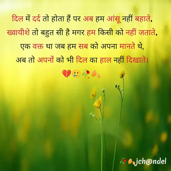 Quote by Jyòti Chandèl - दिल में दर्द तो होता हैं पर अब हम आंसू नहीं बहाते,
ख्वायीशे तो बहुत सी है मगर हम किसी को नहीं जताते,
एक वक्त था जब हम सब को अपना मानते थे,
अब तो अपनों को भी दिल का हाल नहीं दिखाते।
💔🥲🥀🍂  - Made using Quotes Creator App, Post Maker App