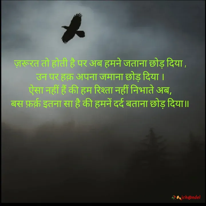 Quote by Jyòti Chandèl - ज़रूरत तो होती है पर अब हमने जताना छोड़ दिया ,
उन पर हक़ अपना जमाना छोड़ दिया ।
ऐसा नहीं हैं की हम रिश्ता नहीं निभाते अब,
बस फ़र्क़ इतना सा है की हमनें दर्द बताना छोड़ दिया॥ - Made using Quotes Creator App, Post Maker App