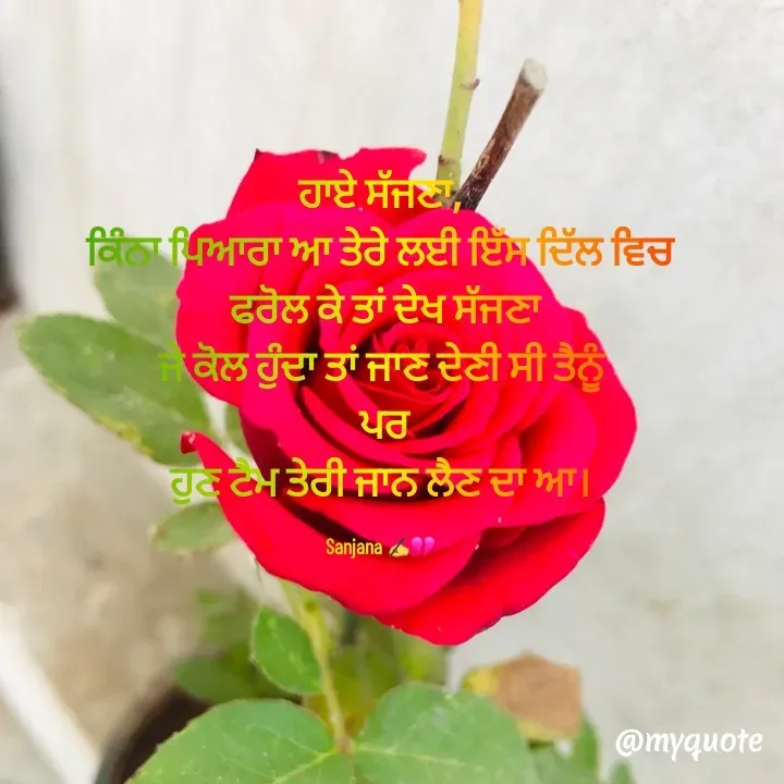 Quote by Sanjana✍️💯 - ਹਾਏ ਸੱਜਣਾ,
ਕਿੰਨਾ ਪਿਆਰਾ ਆ ਤੇਰੇ ਲਈ ਇੱਸ ਦਿੱਲ ਵਿਚ
 ਫਰੋਲ ਕੇ ਤਾਂ ਦੇਖ ਸੱਜਣਾ
ਜੇ ਕੋਲ ਹੁੰਦਾ ਤਾਂ ਜਾਣ ਦੇਣੀ ਸੀ ਤੈਨੂੰ
 ਪਰ
ਹੁਣ ਟੈਮ ਤੇਰੀ ਜਾਨ ਲੈਣ ਦਾ ਆ।

Sanjana ✍️💔 - Made using Quotes Creator App, Post Maker App