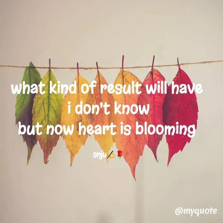 Quote by Sanjana✍️💯 - what kind of result will have 
i don't know
but now heart is blooming 

snju✍️🌹 - Made using Quotes Creator App, Post Maker App