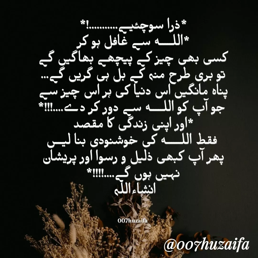 Quote by Huzaifa Sayyed - *ذرا سوچئیے...........!*
*اللـــــه سے غافل ہو کر
 کسی بھی چیز کے پیچھے بھاگیں گے 
تو بری طرح منہ کے بل ہی گریں گے...
پناہ مانگیں اس دنیا کی ہر اس چیز سے
 جو آپ کو اللـــــه سے دور کر دے....!!!*
*اور اپنی زندگی کا مقصد
 فقط اللــــــه کی خوشنودی بنا لیـــں
پھر آپ کبھی ذلیل و رسوا اور پريشان
 نہیں ہوں گے....!!!!* 
انشاءاللہ 


007huzaifa  - Made using Quotes Creator App, Post Maker App