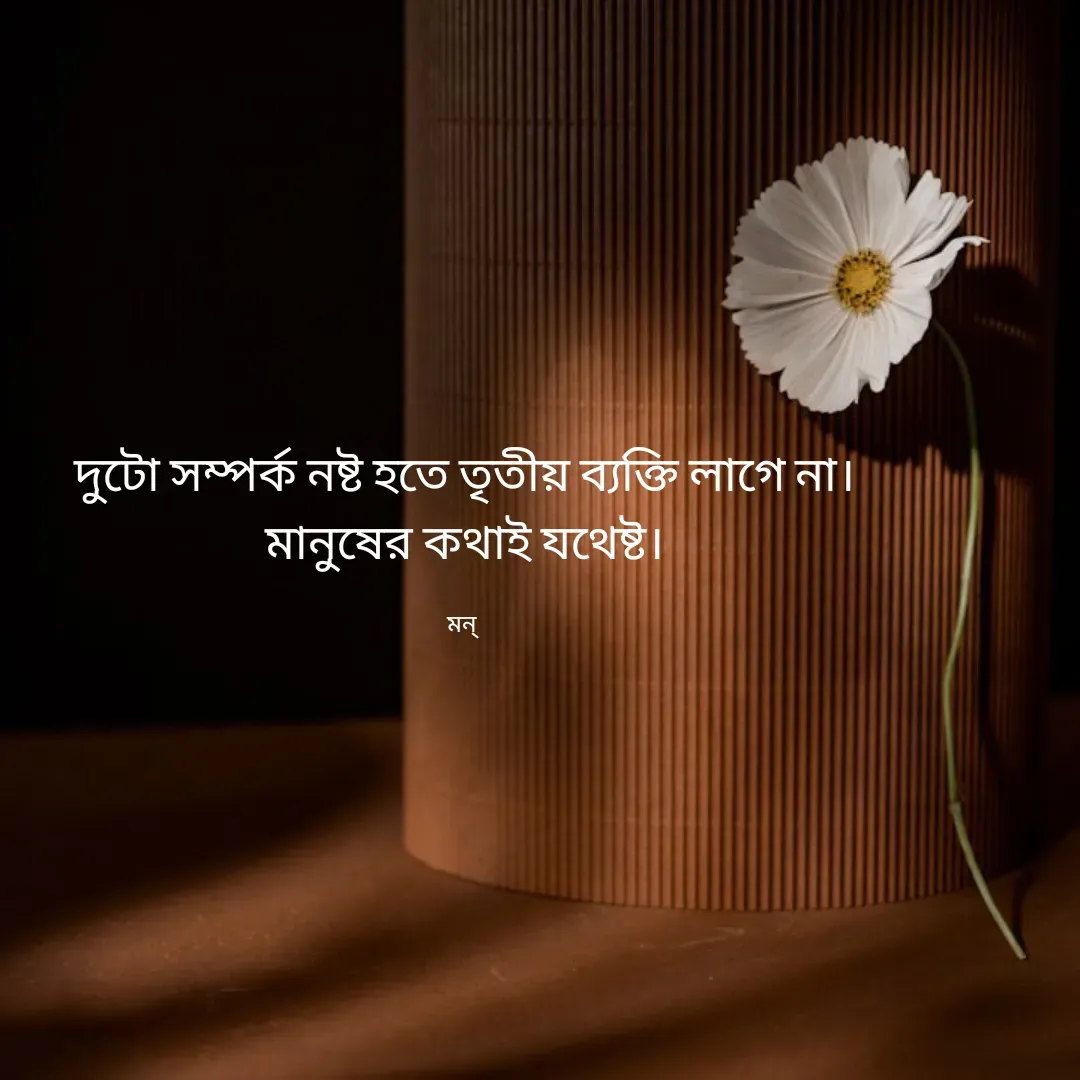 Quote by Mansi (  मन्) - দুটো সম্পর্ক নষ্ট হতে তৃতীয় ব্যক্তি লাগে না।
মানুষের কথাই যথেষ্ট।

মন্  - Made using Quotes Creator App, Post Maker App