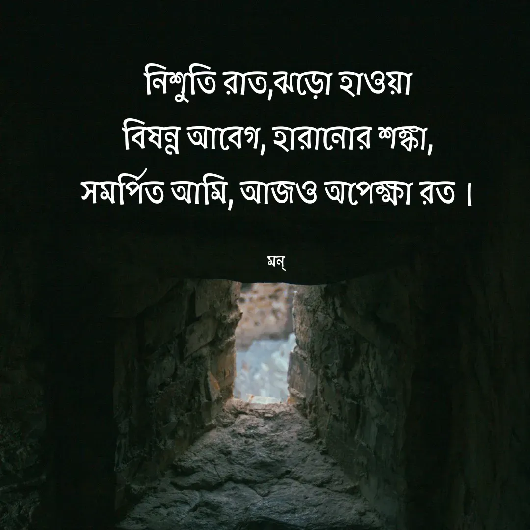 Quote by Mansi (  मन्) - নিশুতি রাত,ঝড়ো হাওয়া
বিষন্ন আবেগ, হারানোর শঙ্কা,
সমর্পিত আমি, আজও অপেক্ষা রত।

মন্  - Made using Quotes Creator App, Post Maker App