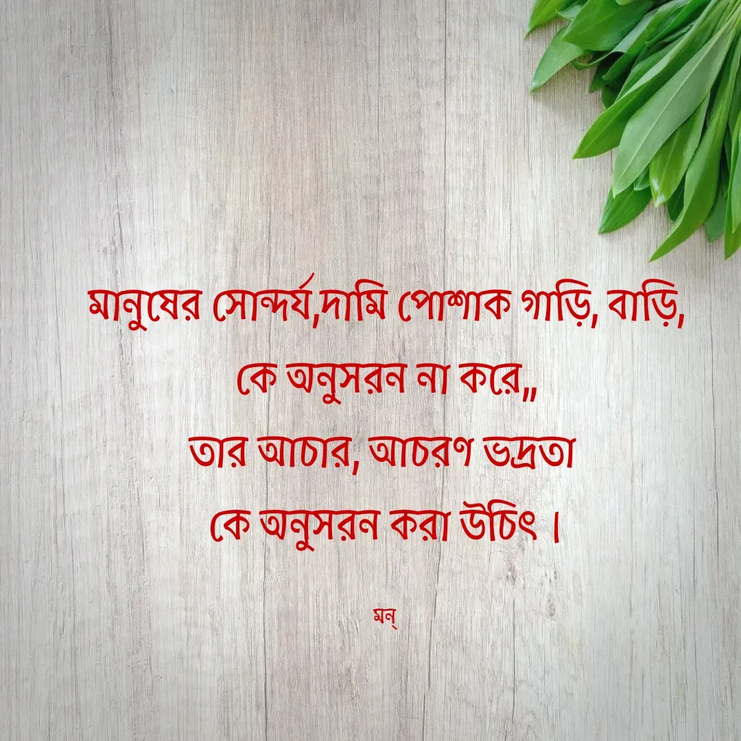Quote by Mansi (  मन्) - মানুষের সোন্দর্য,দামি পোশাক গাড়ি, বাড়ি,
কে অনুসরন না করে,,
তার আচার, আচরণ ভদ্রতা 
কে অনুসরন করা উচিৎ।

মন্  - Made using Quotes Creator App, Post Maker App