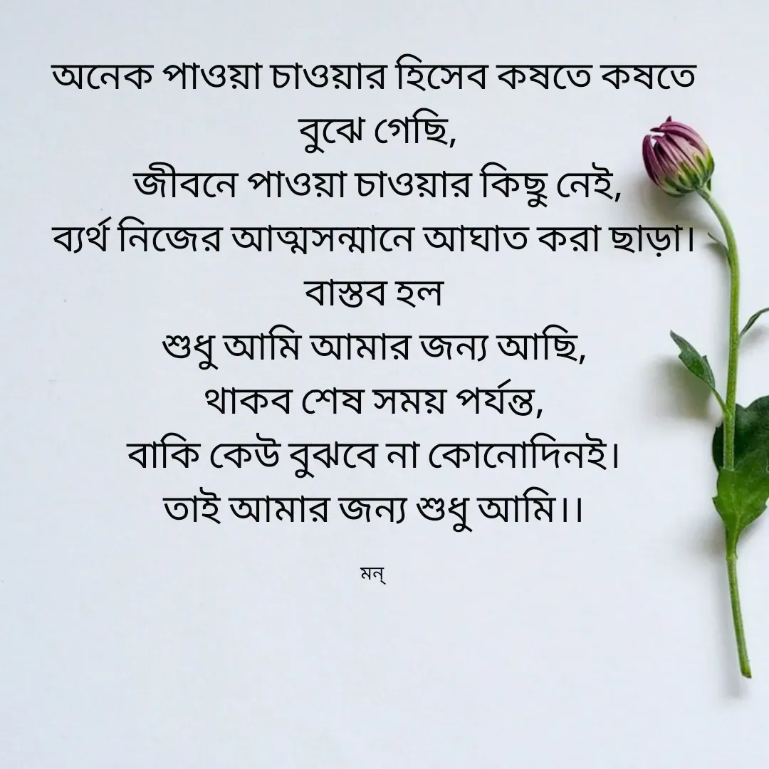 Quote by Mansi (  मन्) - অনেক পাওয়া চাওয়ার হিসেব কষতে কষতে
 বুঝে গেছি,
 জীবনে পাওয়া চাওয়ার কিছু নেই,
ব্যর্থ নিজের আত্মসন্মানে আঘাত করা ছাড়া।
বাস্তব হল
শুধু আমি আমার জন্য আছি,
থাকব শেষ সময় পর্যন্ত,
বাকি কেউ বুঝবে না কোনোদিনই।
তাই আমার জন্য শুধু আমি।।

মন্  - Made using Quotes Creator App, Post Maker App
