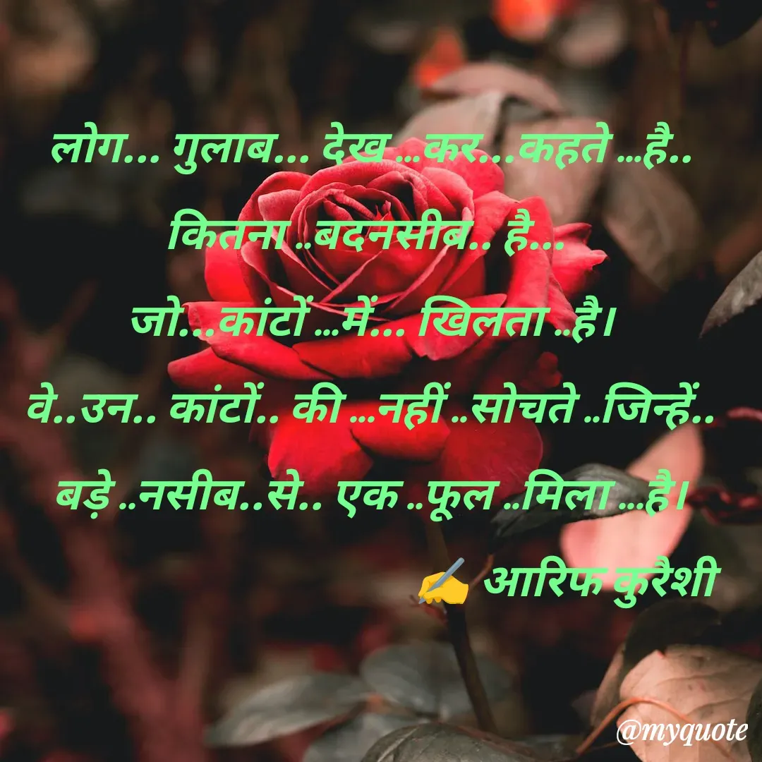 Quote by arif qureshi - लोग... गुलाब... देख ...कर...कहते ...है..
कितना ..बदनसीब.. है... 
जो...कांटों ...में... खिलता ..है।
वे..उन.. कांटों.. की ...नहीं ..सोचते ..जिन्हें.. बड़े ..नसीब..से.. एक ..फूल ..मिला ...है।
                                           ✍️ आरिफ कुरैशी - Made using Quotes Creator App, Post Maker App