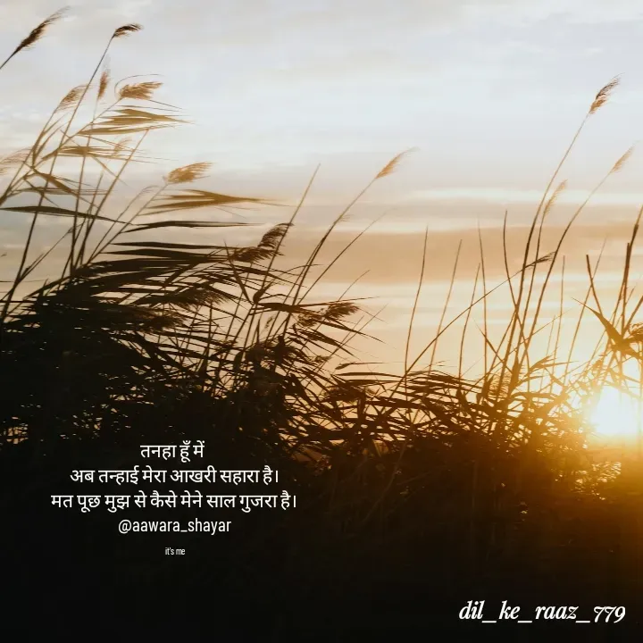 Quote by the_heart_broken_779 - तनहा हूँ में 
अब तन्हाई मेरा आखरी सहारा है।
मत पूछ मुझ से कैसे मेने साल गुजरा है।
@aawara_shayar

it's me - Made using Quotes Creator App, Post Maker App