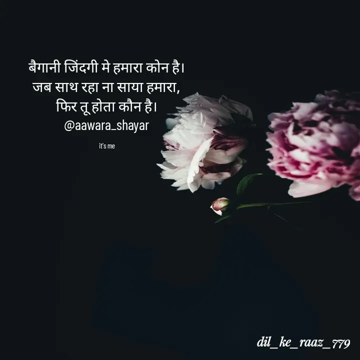 Quote by the_heart_broken_779 - बैगानी जिंदगी मे हमारा कोन है।
जब साथ रहा ना साया हमारा,
फिर तू होता कौन है।
@aawara_shayar

it's me - Made using Quotes Creator App, Post Maker App