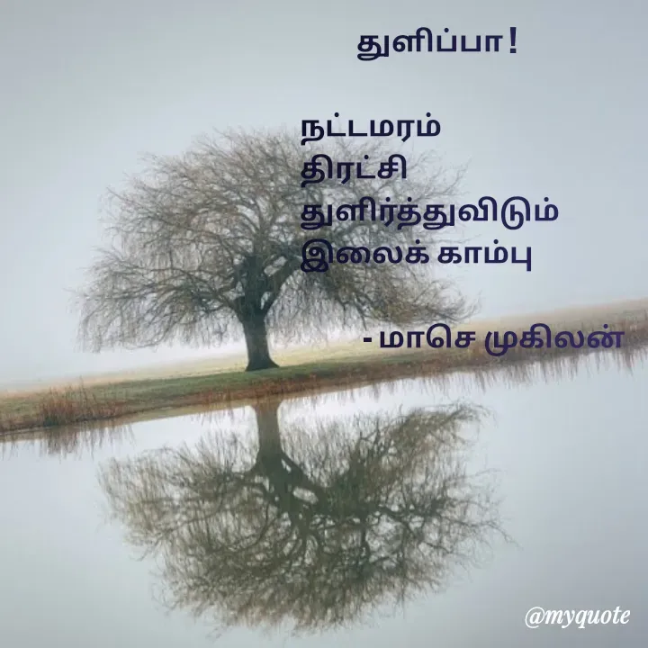 Quote by மாசெ முகிலன் -          துளிப்பா !

நட்டமரம்
திரட்சி
துளிர்த்துவிடும்
இலைக் காம்பு

          - மாசெ முகிலன்

 - Made using Quotes Creator App, Post Maker App