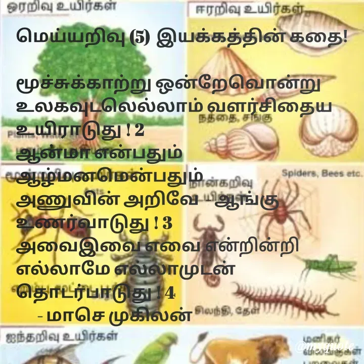 Quote by மாசெ முகிலன் - மெய்யறிவு (5)  இயக்கத்தின் கதை!

மூச்சுக்காற்று ஒன்றேவொன்று
உலகவுடலெல்லாம் வளர்சிதைய
உயிராடுது ! 2
ஆன்மா என்பதும்
ஆழ்மனமென்பதும்
அணுவின் அறிவே  - ஆங்கு
உணர்வாடுது ! 3
அவைஇவை எவை என்றின்றி
எல்லாமே எல்லாமுடன்
தொடர்பாடுது ! 4
       - மாசெ முகிலன்
 - Made using Quotes Creator App, Post Maker App