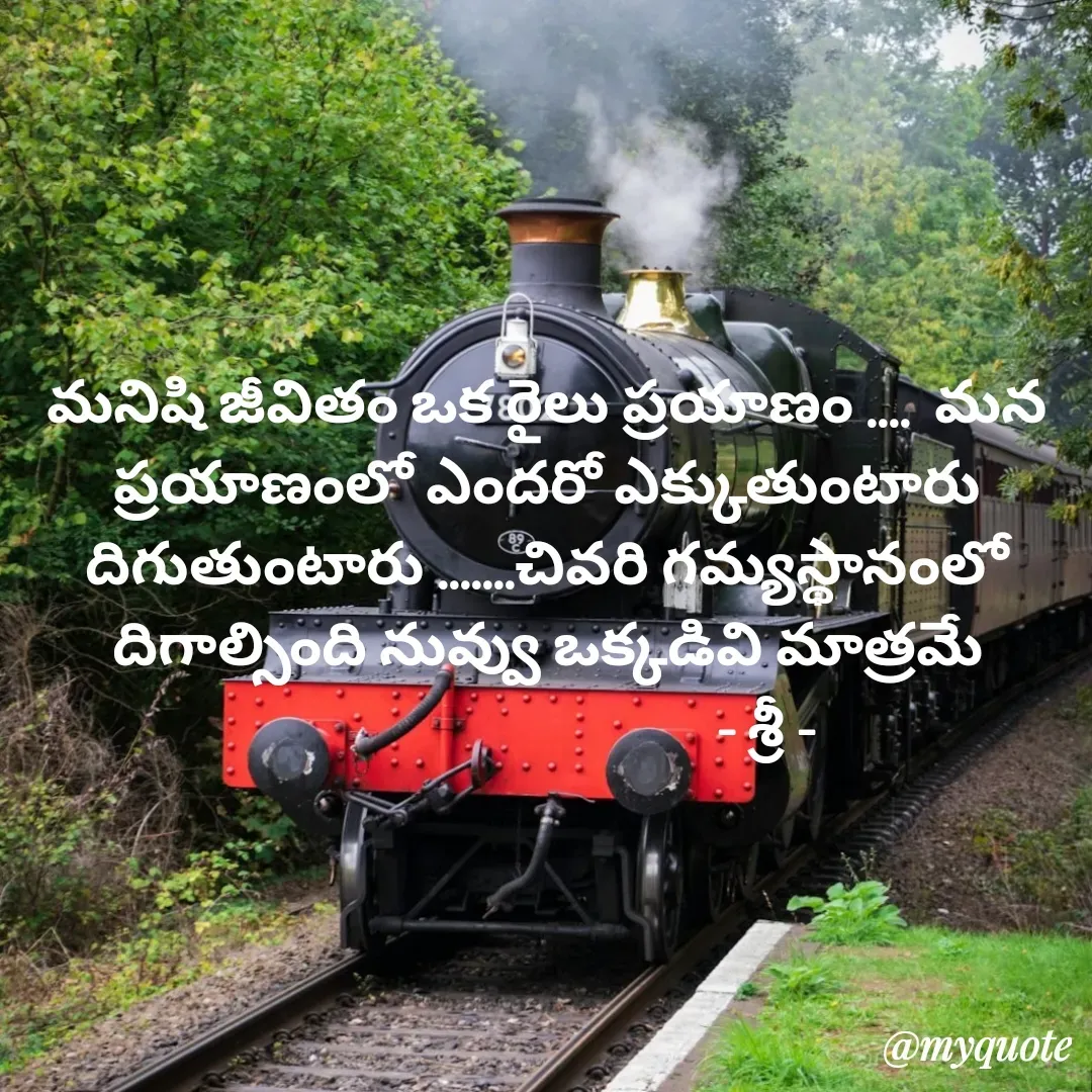 Quote by srinivas yatala - మనిషి జీవితం ఒక రైలు ప్రయాణం ....  మన ప్రయాణంలో ఎందరో ఎక్కుతుంటారు దిగుతుంటారు .......చివరి గమ్యస్థానంలో దిగాల్సింది నువ్వు ఒక్కడివి మాత్రమే
                                    - శ్రీ - - Made using Quotes Creator App, Post Maker App