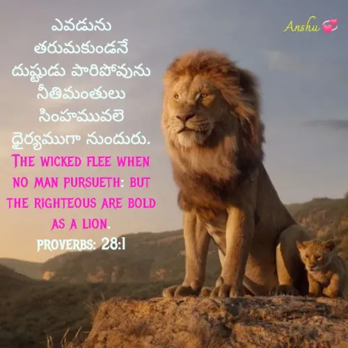 Quote by Anshu 💫 - ఎవడును తరుమకుండనే దుష్టుడు పారిపోవును నీతిమంతులు సింహమువలె ధైర్యముగా నుందురు.
The wicked flee when no man pursueth: but the righteous are bold as a lion.
proverbs: 28:1 - Made using Quotes Creator App, Post Maker App