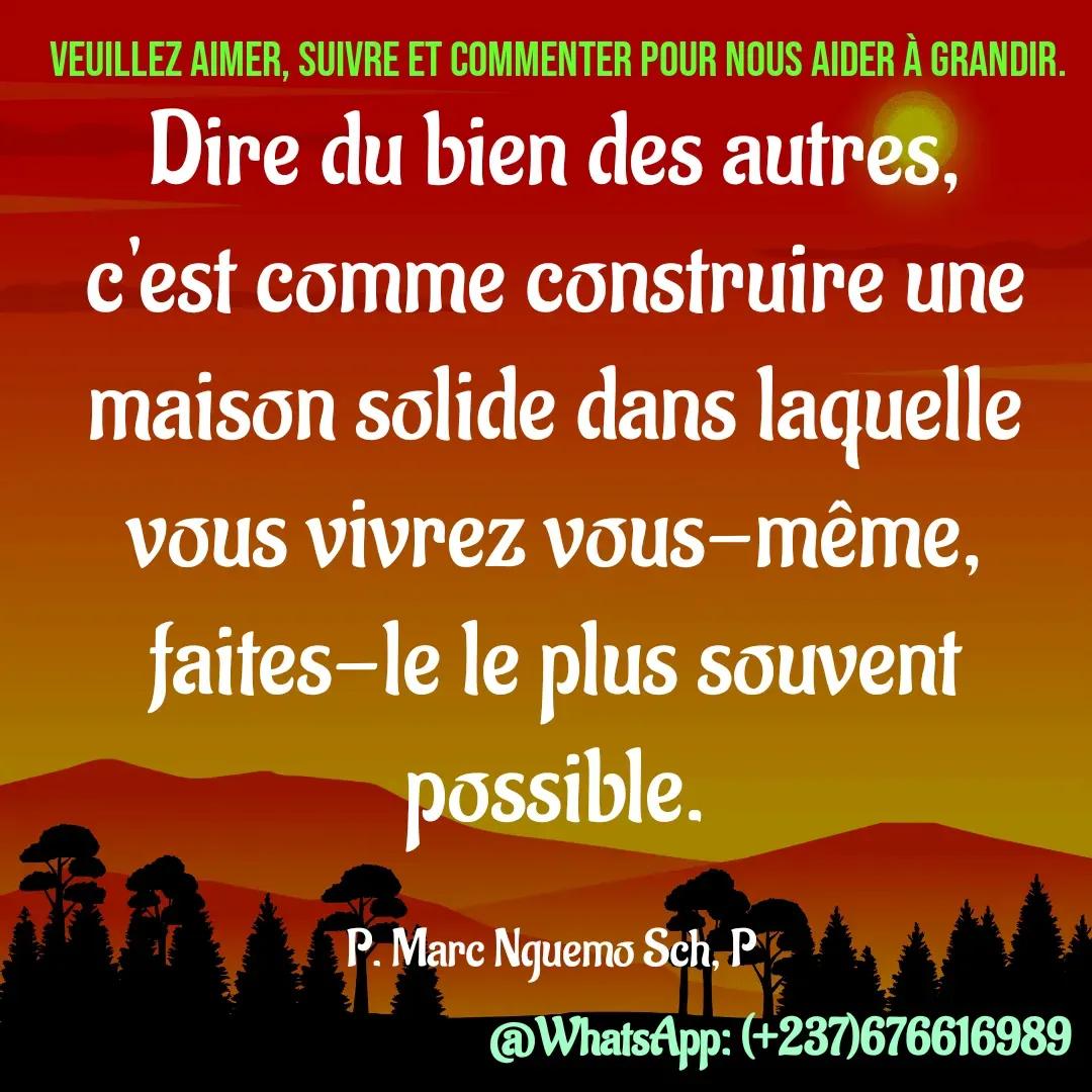 Quote by Marc Belomondo - Dire du bien des autres, c'est comme construire une maison solide dans laquelle vous vivrez vous-même, faites-le le plus souvent possible.

P. Marc Nguemo Sch, P Veuillez aimer, suivre et commenter pour nous aider à grandir. - Made using Quotes Creator App, Post Maker App
