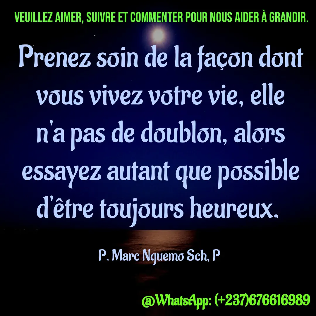 Quote by Marc Belomondo - Prenez soin de la façon dont vous vivez votre vie, elle n'a pas de doublon, alors essayez autant que possible d'être toujours heureux. 

P. Marc Nguemo Sch, P Veuillez aimer, suivre et commenter pour nous aider à grandir. - Made using Quotes Creator App, Post Maker App