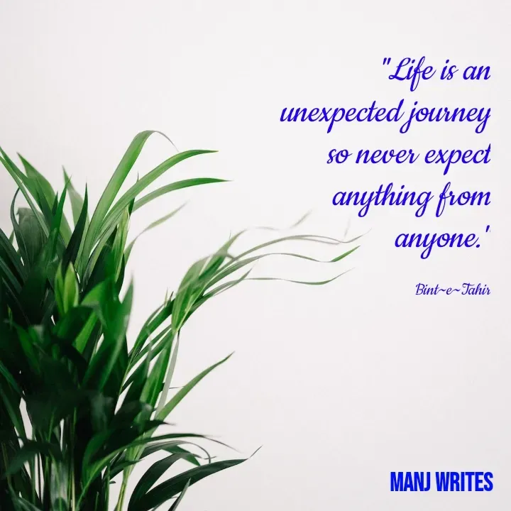 Quote by Manj Rajpoot - "Life is an unexpected journey so never expect anything from anyone."

Bint~e~Tahir - Made using Quotes Creator App, Post Maker App