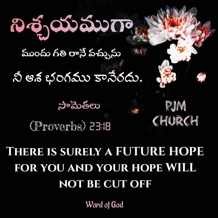 Quote by GOOD SHEPHERD JESUS CHRIST - ముందు గతి రానే వచ్చును There is surely a FUTURE HOPE for you and your hope WILL not be cut offనిశ్చయముగానీ ఆశ భంగము కానేరదు. సామెతలుWord of God PJM 
Church (Proverbs) 23:18 - Made using Quotes Creator App, Post Maker App