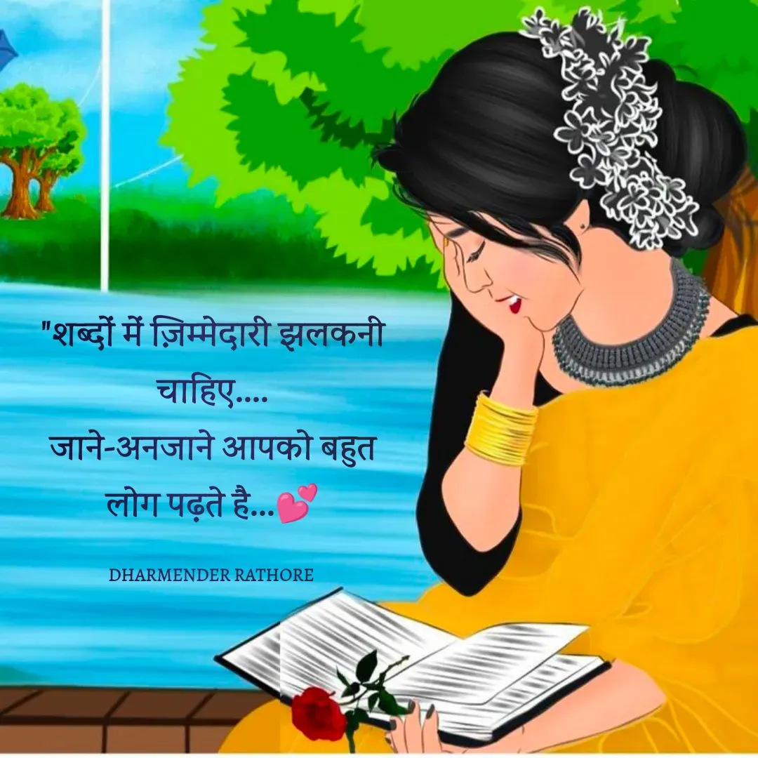 Quote by Dharmender Rathore - "शब्दों में ज़िम्मेदारी झलकनी चाहिए....
जाने-अनजाने आपको बहुत लोग पढ़ते है...💕

DHARMENDER RATHORE  - Made using Quotes Creator App, Post Maker App