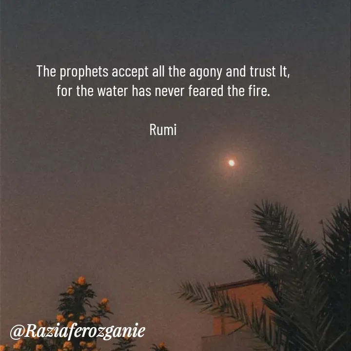 Quote by Razia Feroz - The prophets accept all the agony and trust It,
for the water has never feared the fire.

Rumi - Made using Quotes Creator App, Post Maker App