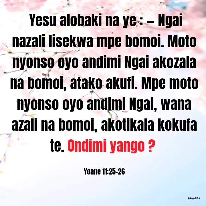 Quote by Angela.B Toto - 
 Yesu alobaki na ye : — Ngai nazali lisekwa mpe bomoi. Moto nyonso oyo andimi Ngai akozala na bomoi, atako akufi. Mpe moto nyonso oyo andimi Ngai, wana azali na bomoi, akotikala kokufa te. Ondimi yango ?

‭Yoane 11:25-26 - Made using Quotes Creator App, Post Maker App