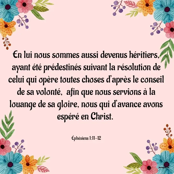 Quote by Angela.B Toto - En lui nous sommes aussi devenus héritiers, ayant été prédestinés suivant la résolution de celui qui opère toutes choses d’après le conseil de sa volonté,  afin que nous servions à la louange de sa gloire, nous qui d’avance avons espéré en Christ. 


Éphésiens 1:11-12 - Made using Quotes Creator App, Post Maker App