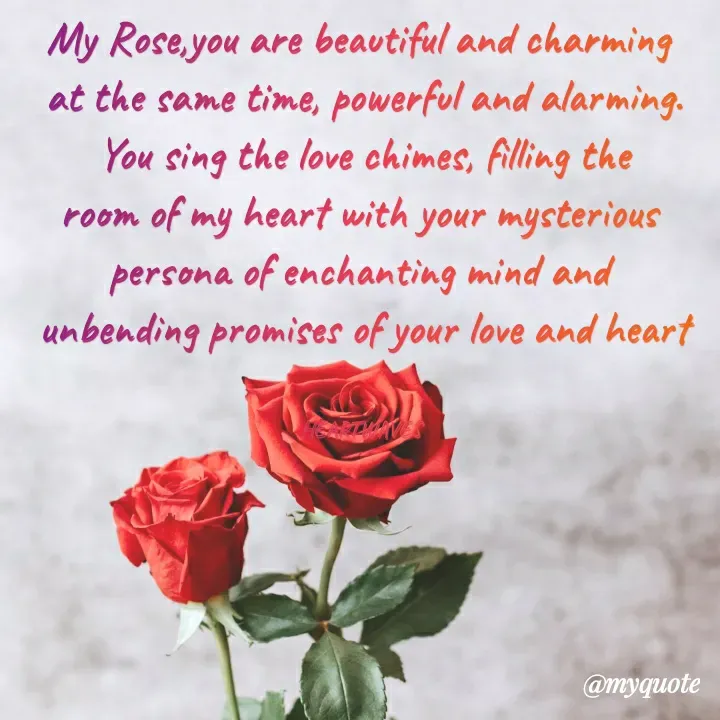 Quote by HEARTWAVES - My Rose,you are beautiful and charming 
at the same time, powerful and alarming.
You sing the love chimes, filling the
room of my heart with your mysterious 
persona of enchanting mind and 
unbending promises of your love and heart


HEARTWAVES  - Made using Quotes Creator App, Post Maker App