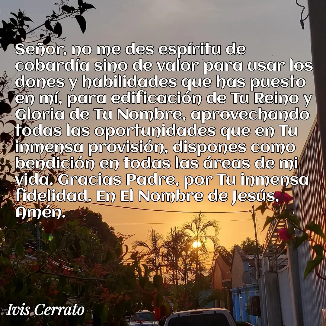 Quote by Ivis Cerrato - Señor, no me des espíritu de cobardía sino de valor para usar los dones y habilidades que has puesto en mí, para edificación de Tu Reino y Gloria de Tu Nombre, aprovechando todas las oportunidades que en Tu inmensa provisión, dispones como bendición en todas las áreas de mi vida. Gracias Padre, por Tu inmensa fidelidad. En El Nombre de Jesús, Amén. - Made using Quotes Creator App, Post Maker App