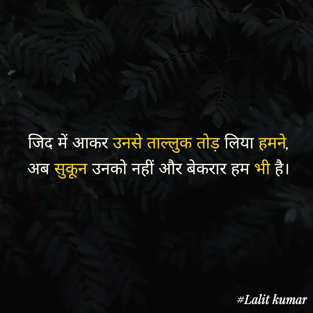 Quote by Lakch Archo - जिद में आकर उनसे ताल्लुक तोड़ लिया हमने,
अब सुकून उनको नहीं और बेकरार हम भी है। - Made using Quotes Creator App, Post Maker App