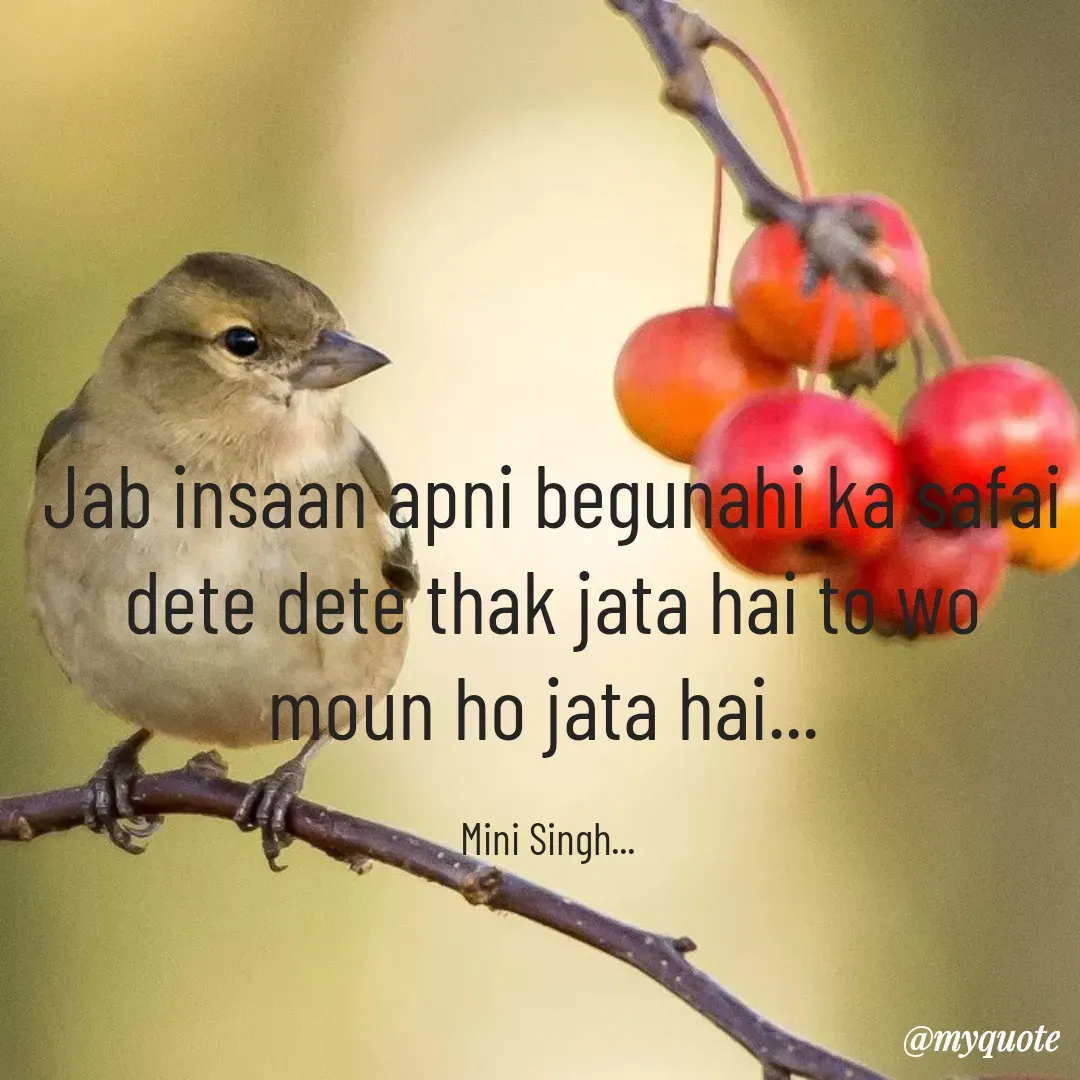 Quote by Mini Singh - Jab insaan apni begunahi ka safai dete dete thak jata hai to wo moun ho jata hai... 

Mini Singh...  - Made using Quotes Creator App, Post Maker App
