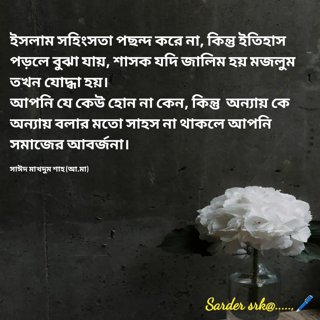 Quote by Saharukh Sarder - ইসলাম সহিংসতা পছন্দ করে না, কিন্তু ইতিহাস পড়লে বুঝা যায়, শাসক যদি জালিম হয় মজলুম তখন যোদ্ধা হয়।
আপনি যে কেউ হোন না কেন, কিন্তু  অন্যায় কে অন্যায় বলার মতো সাহস না থাকলে আপনি সমাজের আবর্জনা।

সাঈদ মাখদুম শাহ (আ.মা) - Made using Quotes Creator App, Post Maker App