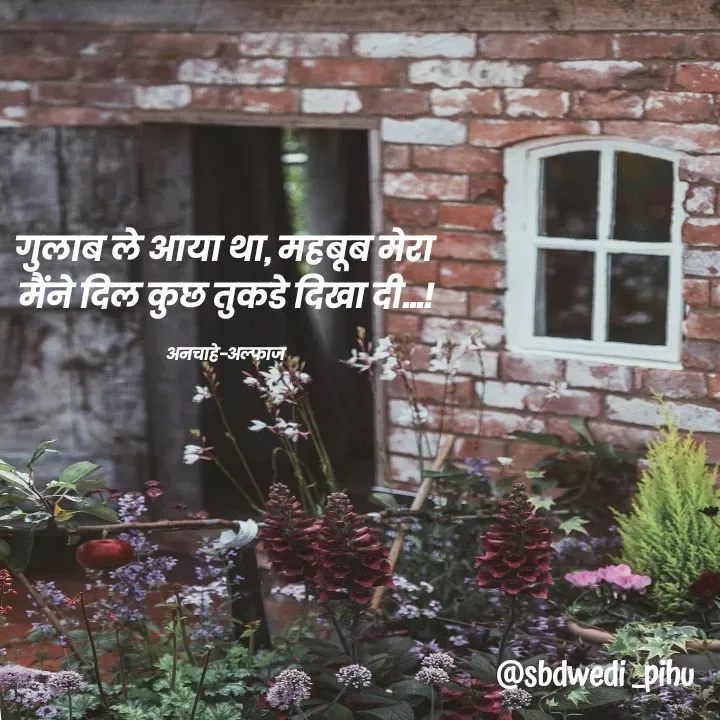 Quote by Payal Kodape - गुलाब ले आया था, महबूब मेरा 
मैंने दिल कुछ तुकडे दिखा दी...!

अनचाहे-अल्फाज  - Made using Quotes Creator App, Post Maker App