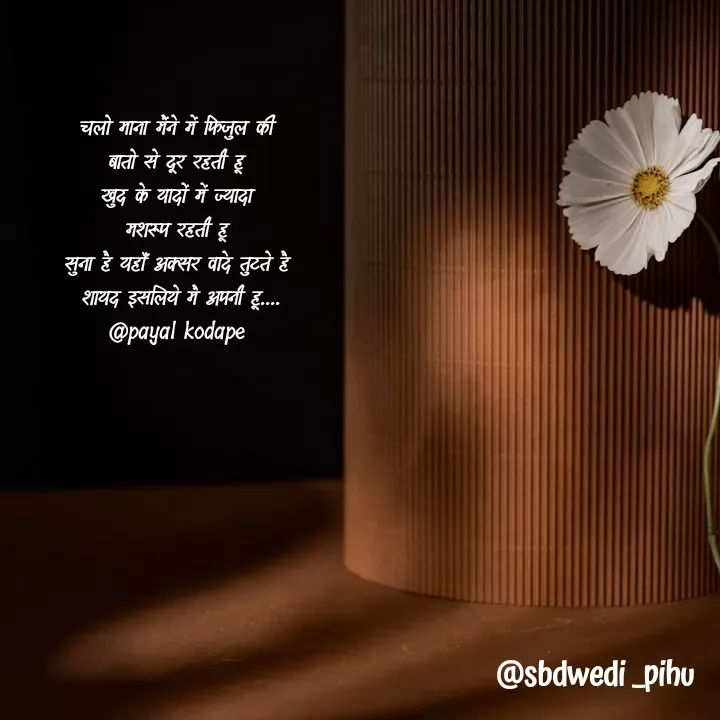 Quote by Payal Kodape - चलो माना मैंने में फिजुल की 
बातो से दूर रहती हू 
खुद के यादों में ज्यादा 
मशरूप रहती हू 
सुना है यहाँ अक्सर वादे तुटते है 
शायद इसलिये मै अपनी हू....
@payal kodape  - Made using Quotes Creator App, Post Maker App