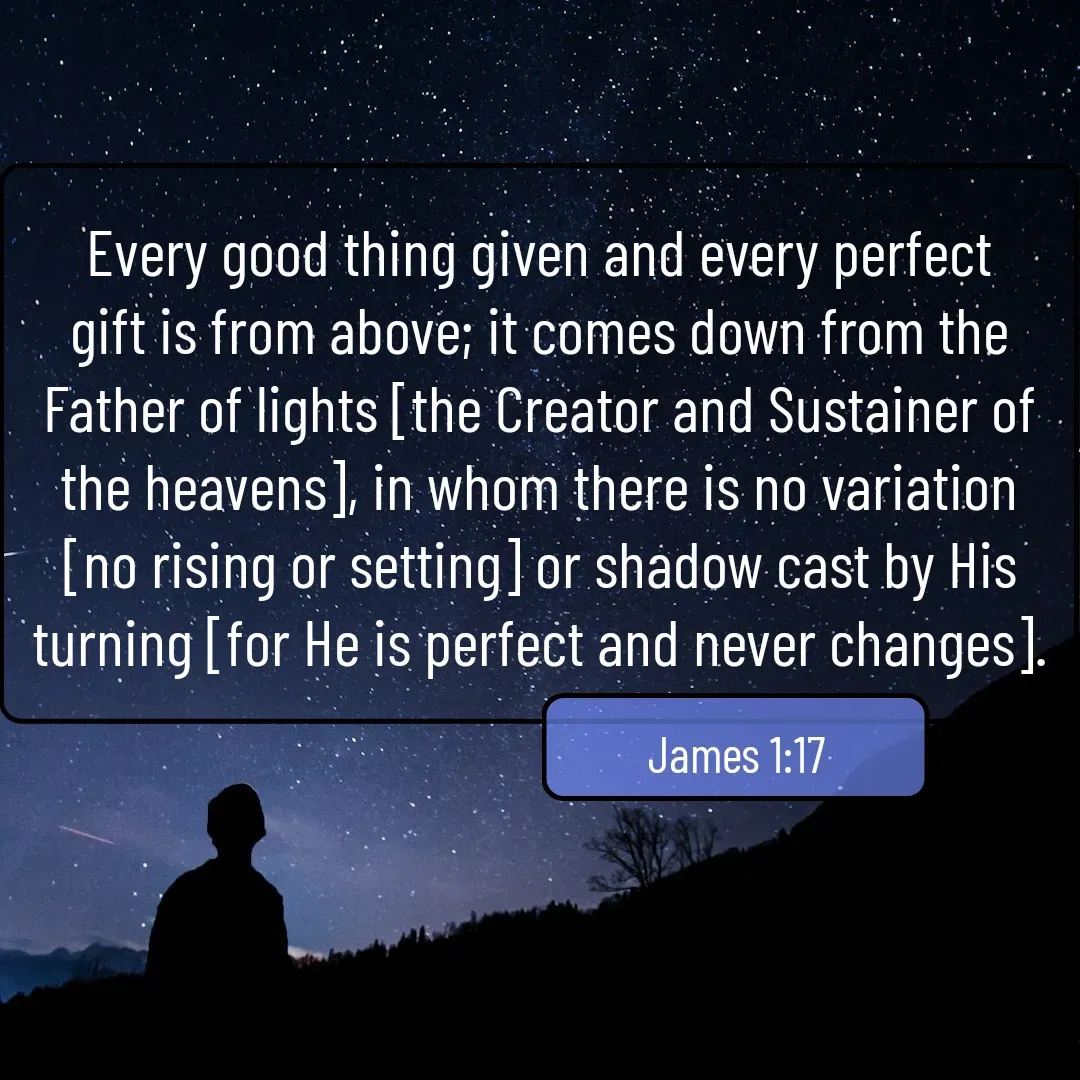 Quote by Mary Trevino - Every good thing given and every perfect gift is from above; it comes down from the Father of lights [the Creator and Sustainer of the heavens], in whom there is no variation [no rising or setting] or shadow cast by His turning [for He is perfect and never changes].James 1:17 - Made using Quotes Creator App, Post Maker App